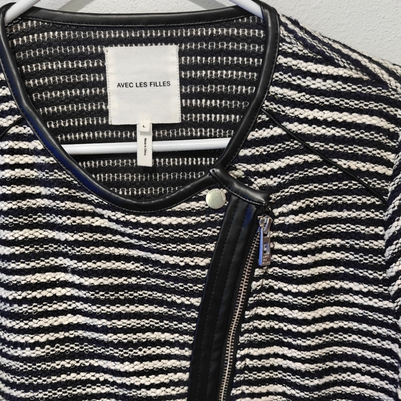 Aves Les Filles Large Sweater Asymmetrical Full Zip Black And White Stripe Tweed - Picture 4 of 6